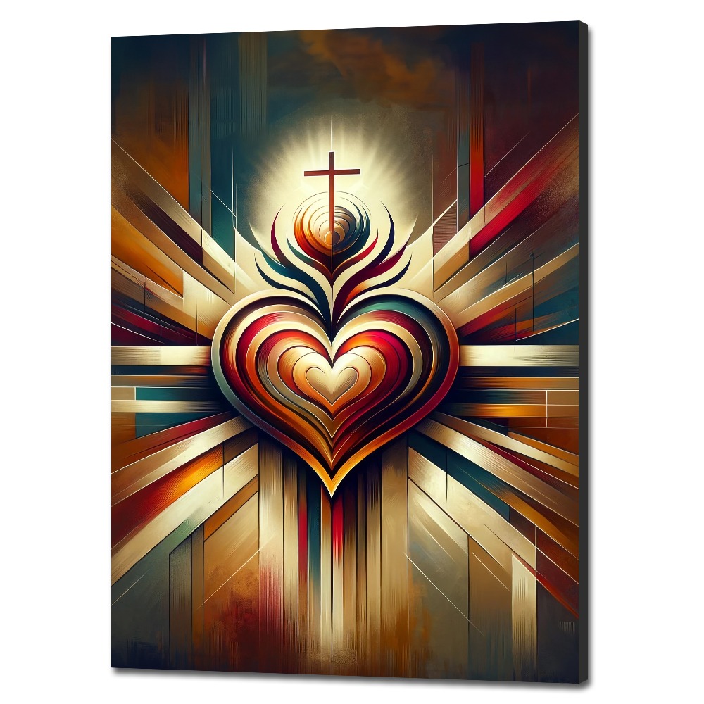 Abstraktná sakrálna maľba s vrstvami srdca a kríža symbolizujúca večnú lásku a duchovnú viacvrstevnosť.