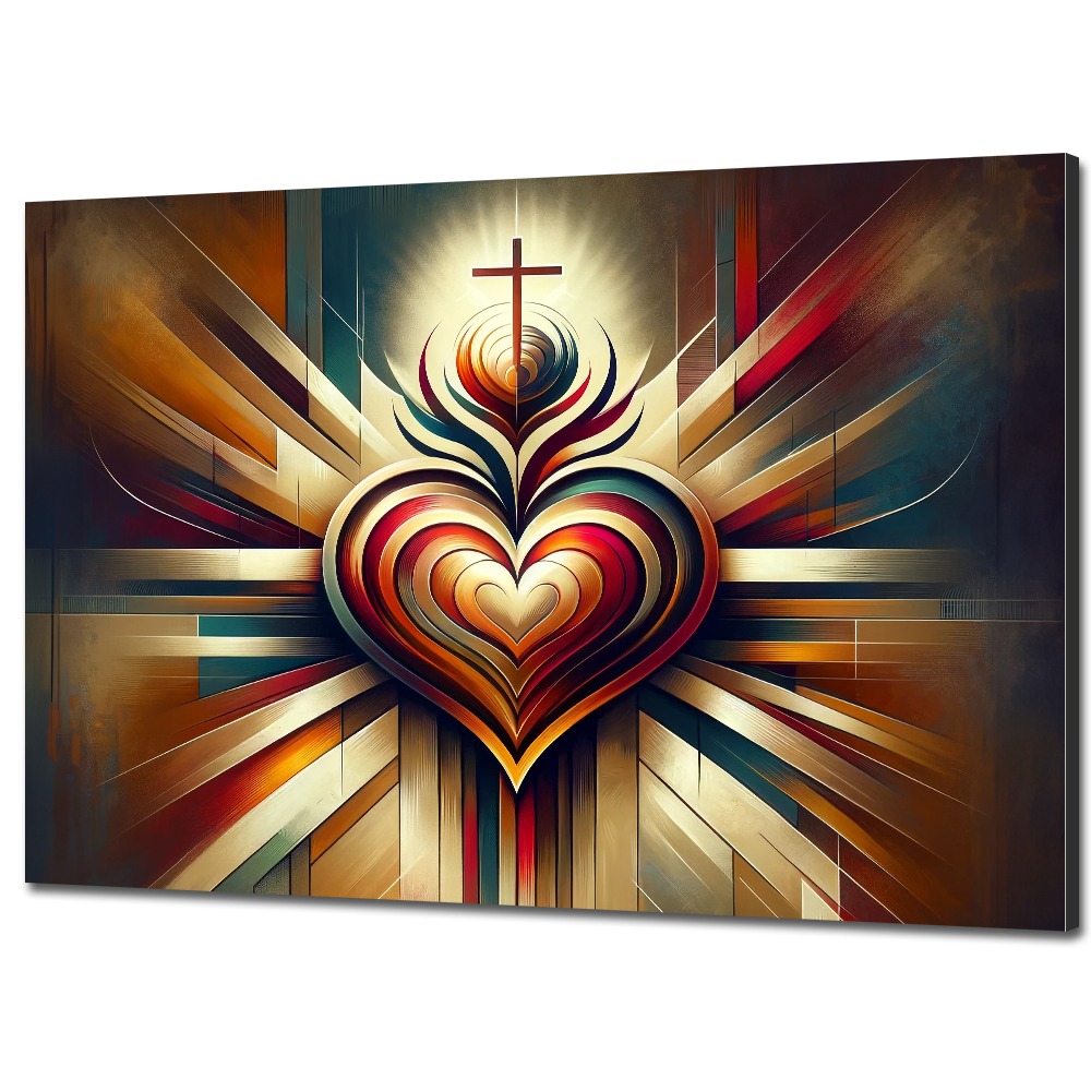 Abstraktná sakrálna maľba s vrstvami srdca a kríža symbolizujúca večnú lásku a duchovnú viacvrstevnosť.